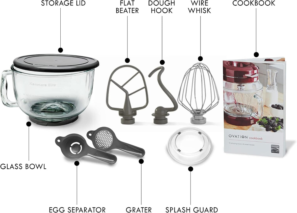 Kenmore 500W Oviation Stand Mixer - 10 Speed Mixing, Tilt-Head, 5QT Handheld Glass Bowl With Pouring Top Splash Guard, Flat Beater, Whisk, Dough Hook Attachments Countertop Kitchen Appliance, Red