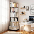 KEIKI 6-Tier Rotating Tower Spinning Bookshelf with 360°Swivel Wheels & Square Storage Drawer Base,Narrow Rolling Bookcase for Small Space,Corner,Bedroom,Office,White