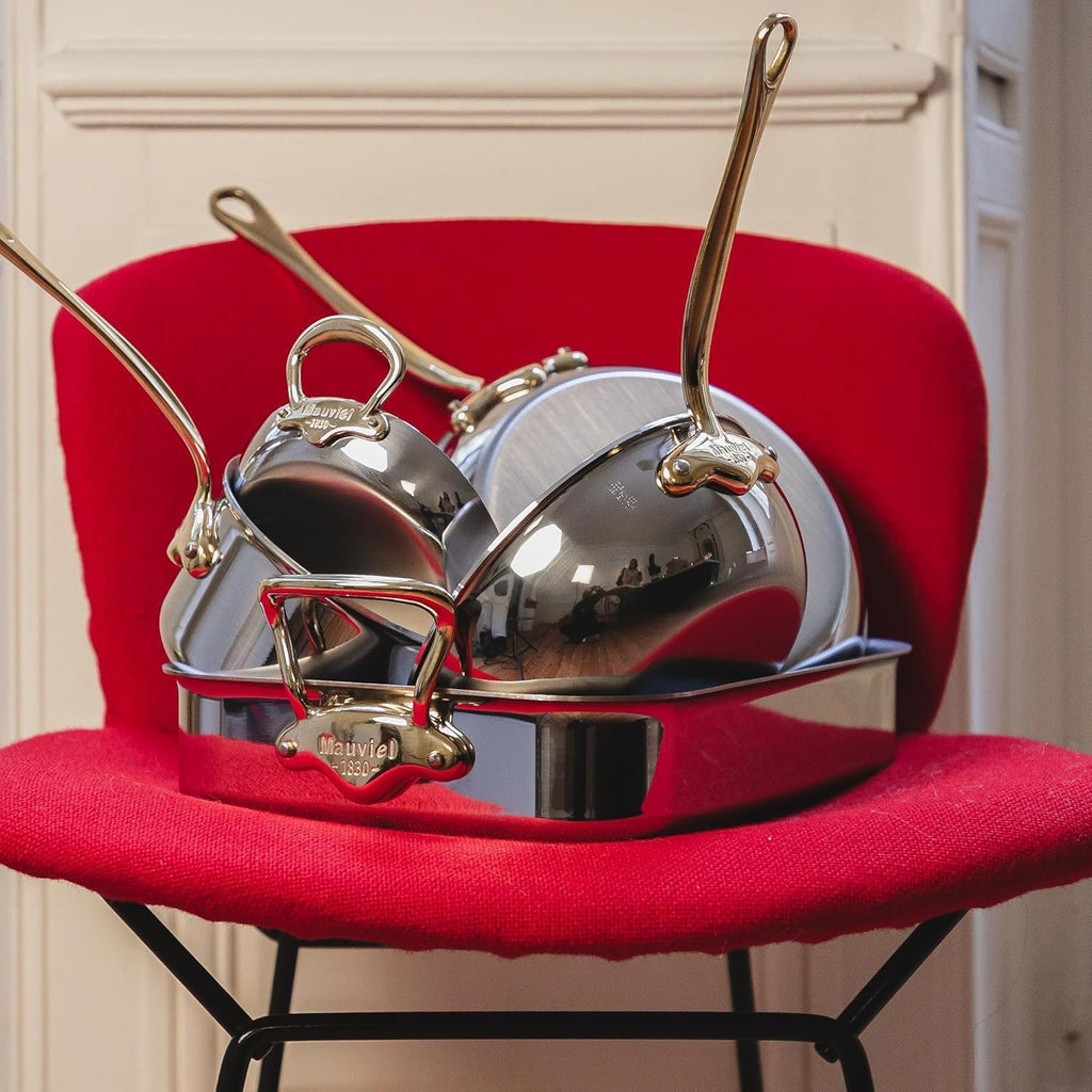 Mauviel M'Cook B 5-Ply Polished Stainless Steel Sauce Pan With Lid, And Brass Handle, 1.2-qt, Made In France