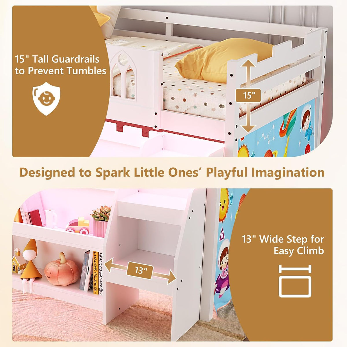 JOYMOR Low Loft Bed with LED Lights, Twin Loft Bed with Stairs, Safety Guardrail, Curtain, Wooden Bed Frame for Kids with Storage Bookcase and Under-Bed Play Space (White)