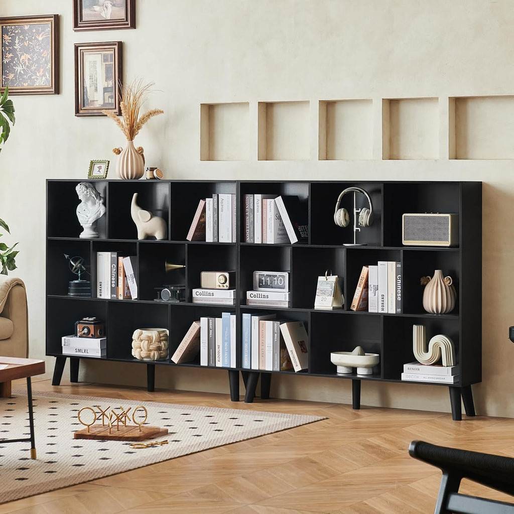 LEYAOYAO 10 Cube Bookshelf,3 Tier Modern Wide Bookcase with Legs,Mid-Century Wood Bookshelves Storage，Black Large Book Case,Freestanding Organizer Display Shelf for Bedroom,Living Room,Office