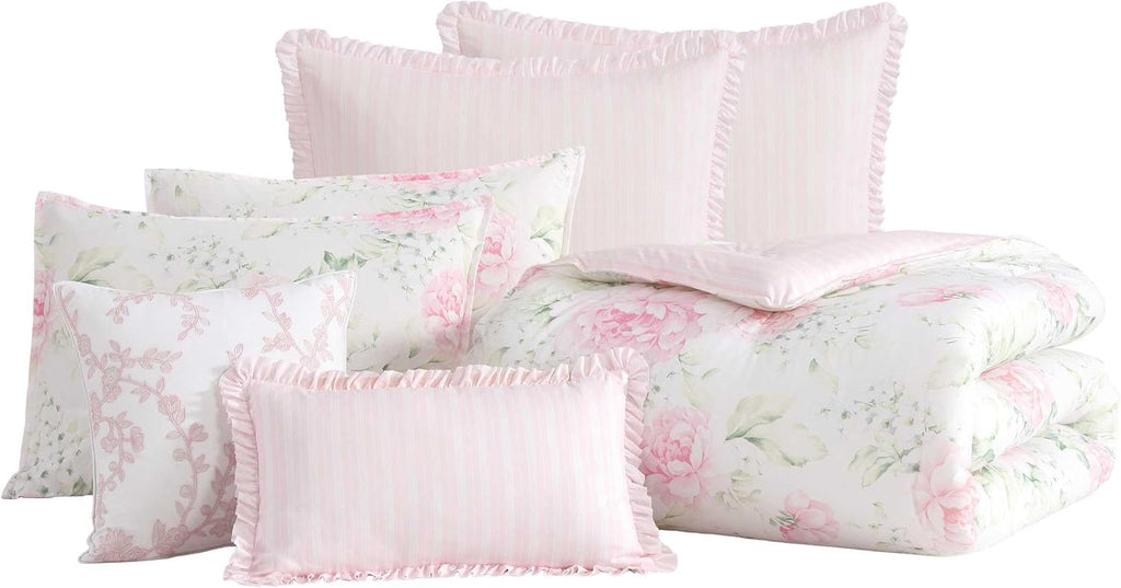 Laura Ashley - King Bonus Comforter Set, Reversible Bedding with a Naturally Soft Feel, 7 Piece Bed Set with Matching Pillowcases, Euro Shams, & Throw Pillow Covers (Serenity Roses/Mattie Stripe Pink)