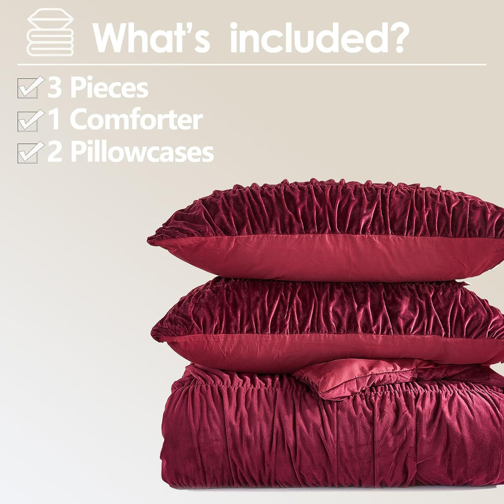 Bedbay Burgundy Velvet King Comforter Set,Boho Shabby Chic Ruched Bedding Comforter,Aesthetic Vintage Bedding Fluffy Ruffle Comforter Set,Ultra Soft Velvet Chenille Quilt Set,Red King 3 Piece