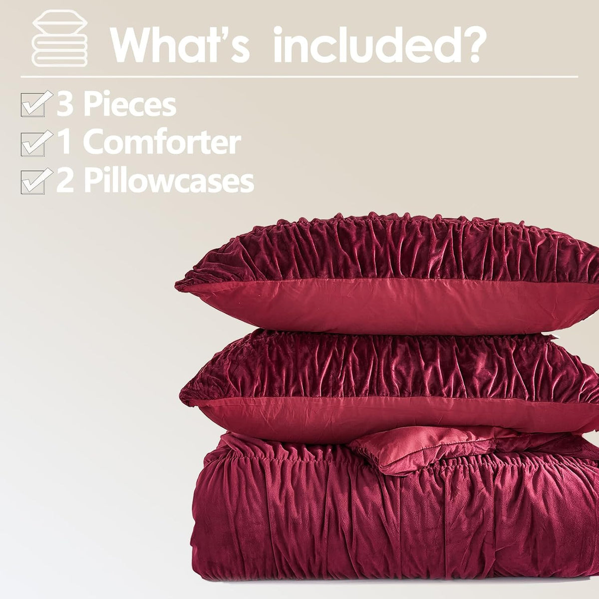 Bedbay Burgundy Velvet King Comforter Set,Boho Shabby Chic Ruched Bedding Comforter,Aesthetic Vintage Bedding Fluffy Ruffle Comforter Set,Ultra Soft Velvet Chenille Quilt Set,Red King 3 Piece