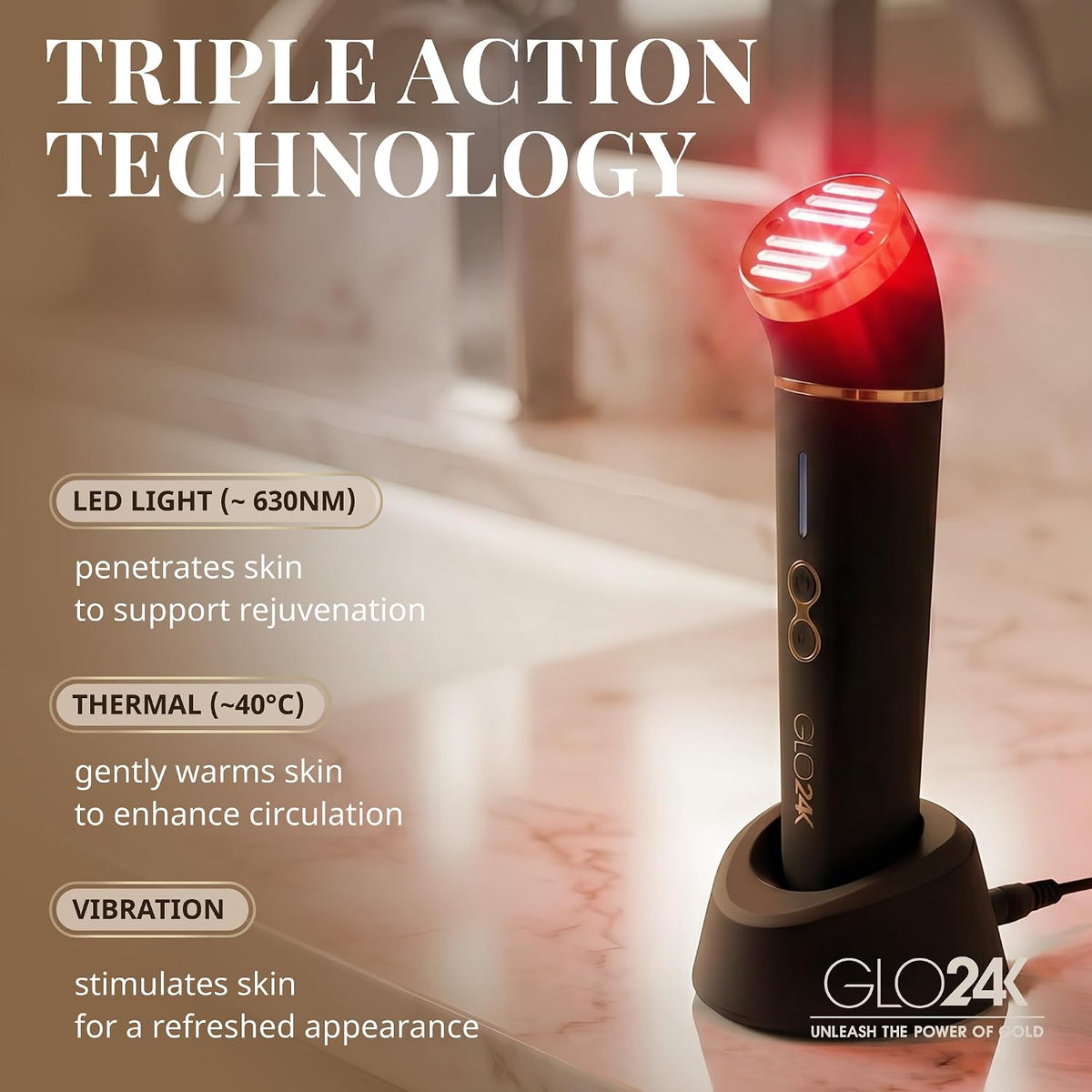 GLO24K Red Light Beauty Device for Face & Neck – 3-in-1 Facial and Neck Massager with Triple LED & Advanced Vibration Technology
