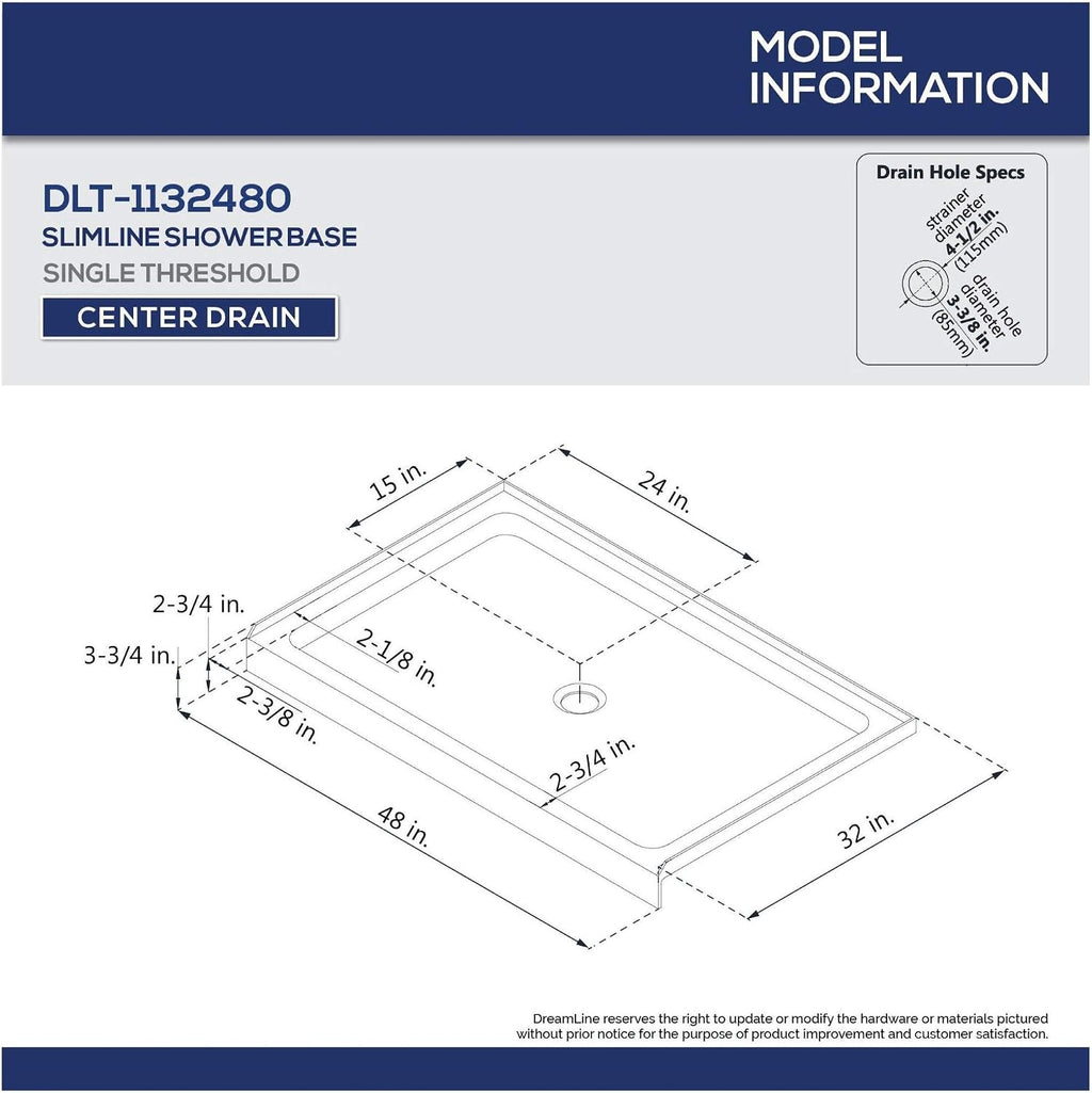DreamLine 32 in. D x 48 in. W x 76 3/4 in. H Center Drain Acrylic Shower Base and QWALL-5 Backwall Kit In White, DL-6070C-01