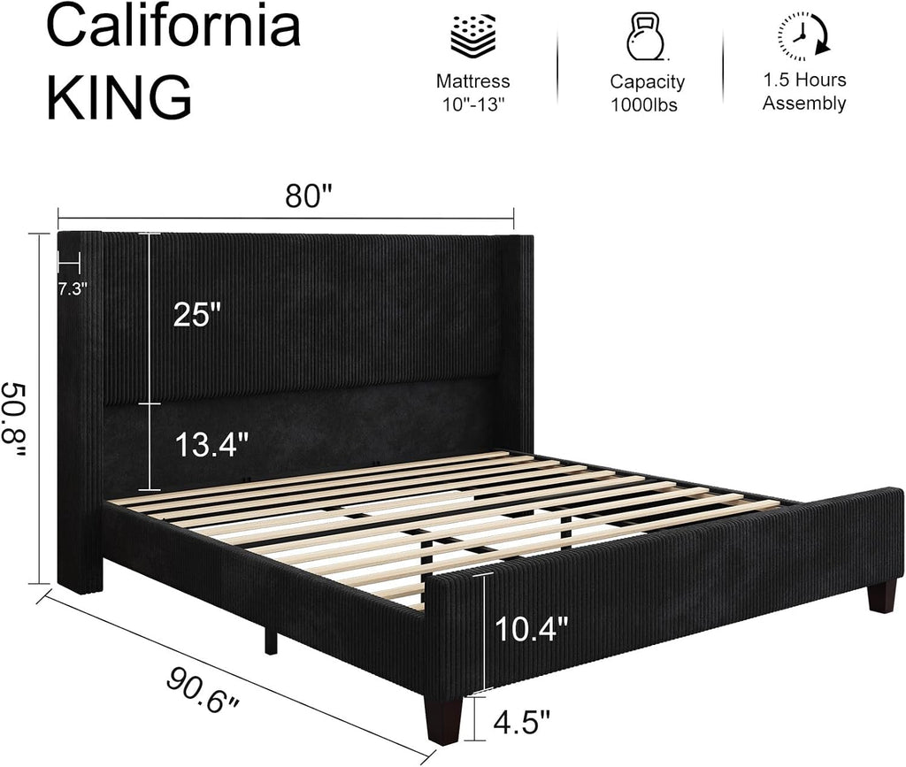 HOWE California King Bed Frame with 50.8' Tall Wingback Headboard, Modern Corduroy Upholstered Platform Bed Frame with Solid Wood Slats & Legs, No Box Spring Needed, Noise-Reducing Design, Black
