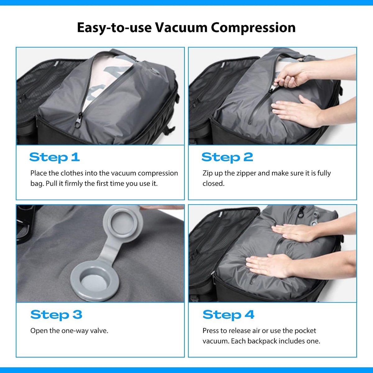 Vacuum Travel Backpack, 70L Expandable Air Vacuum Backpack for Travel, Vacpack Travel Vacuum Bags with Pump, TSA Lock, USB Charging Port, Waterproof