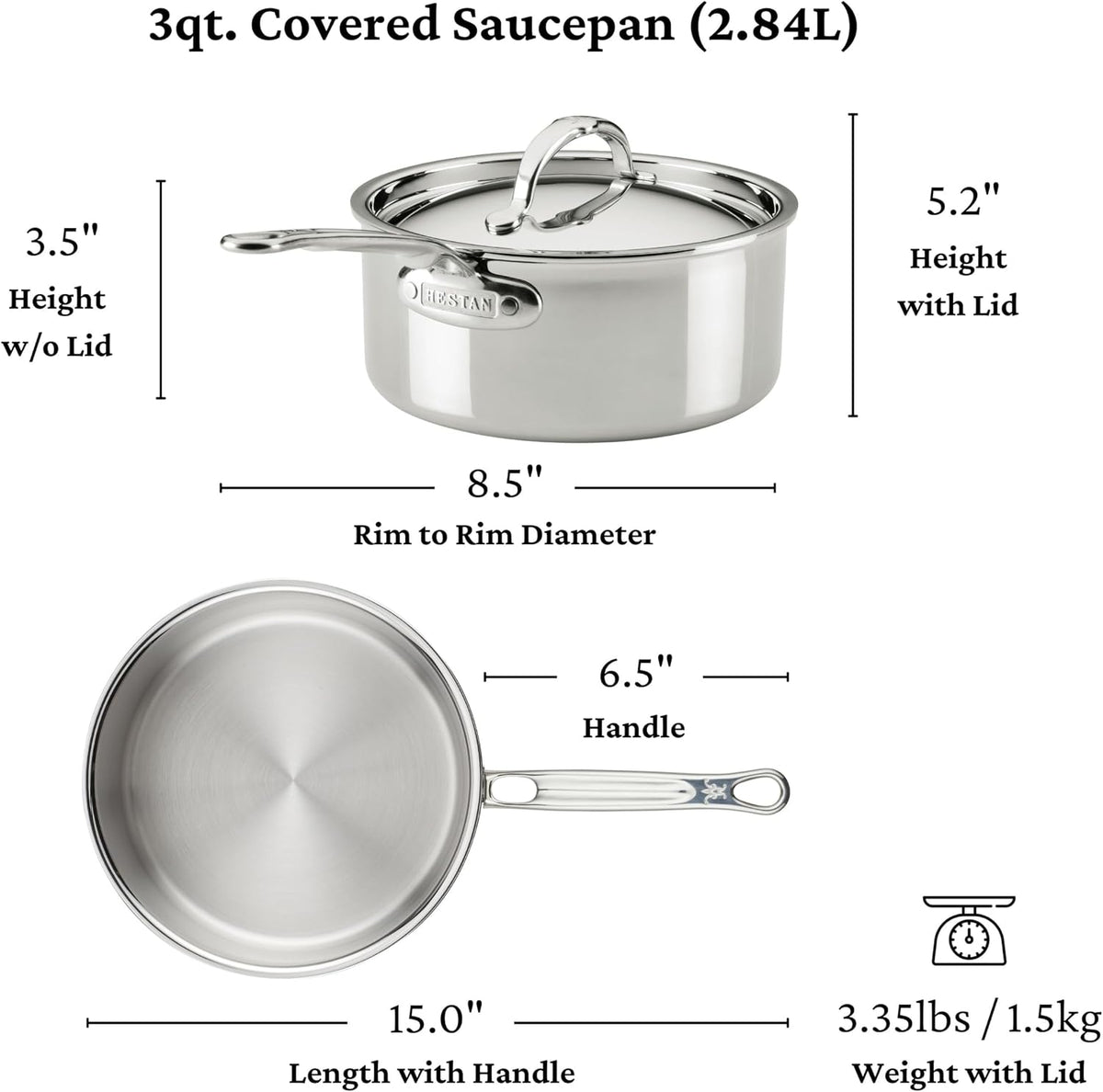 Hestan ProBond Luxe 3-Quart Saucepan with Lid, Professional Clad Stainless Steel ProCore Tri-Ply Clad Construction, Polished Exterior, Induction & Oven Safe