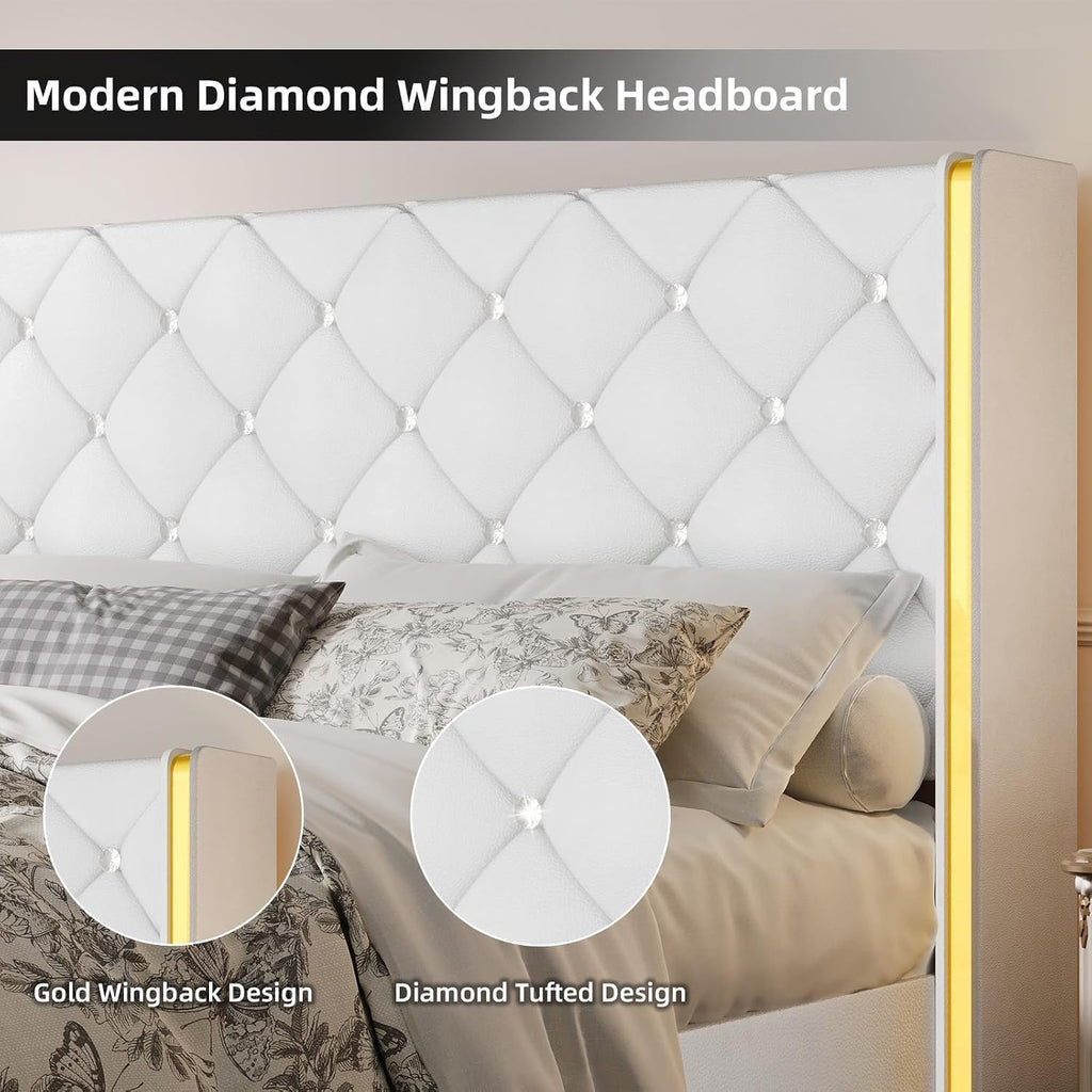 HOMBCK Full Bed Frame with Headboard, PU Leather Platform Bed with Wingback, Modern Bed Frame with Diamond Tufted, No Box Spring Needed, Easy Assembly, White