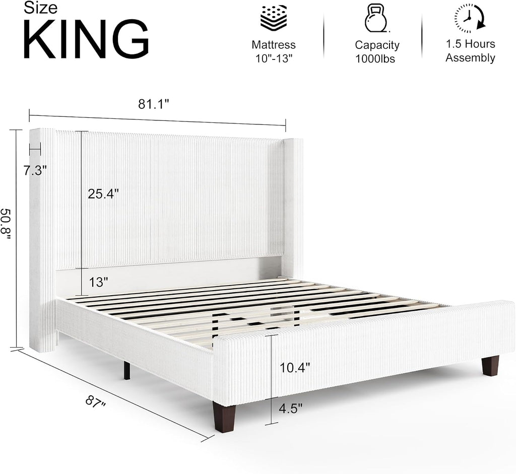 HOWE King Size Bed Frame with 50.8' Tall Wingback Headboard, Modern Corduroy Upholstered Platform Bed Frame with Solid Wood Slats & Legs, No Box Spring Needed, Noise-Reducing Design, White