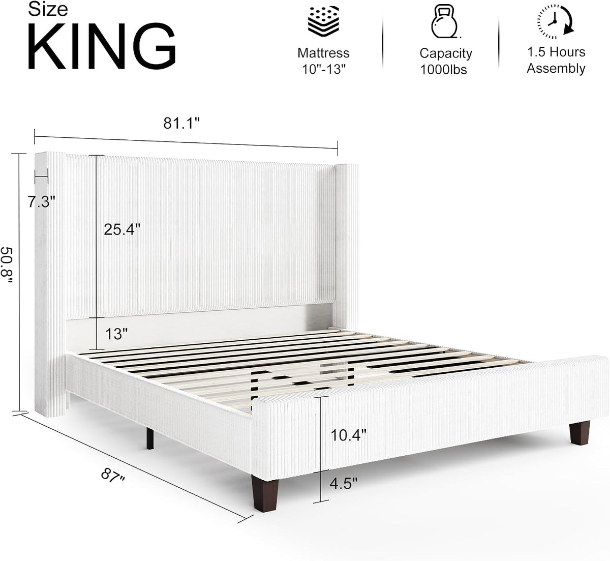 HOWE King Size Bed Frame with 50.8' Tall Wingback Headboard, Modern Corduroy Upholstered Platform Bed Frame with Solid Wood Slats & Legs, No Box Spring Needed, Noise-Reducing Design, White