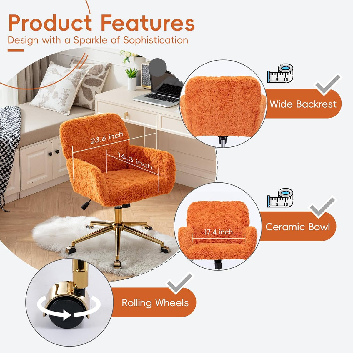 Plush Faux Fur Desk & Vanity Chair with Gold Base – Comfy Adjustable Girls Desk Chair, Makeup Chair, 360° Swivel, Tilt Backrest, Rolling Wheels – Modern Chic Home Office Seating,Orange