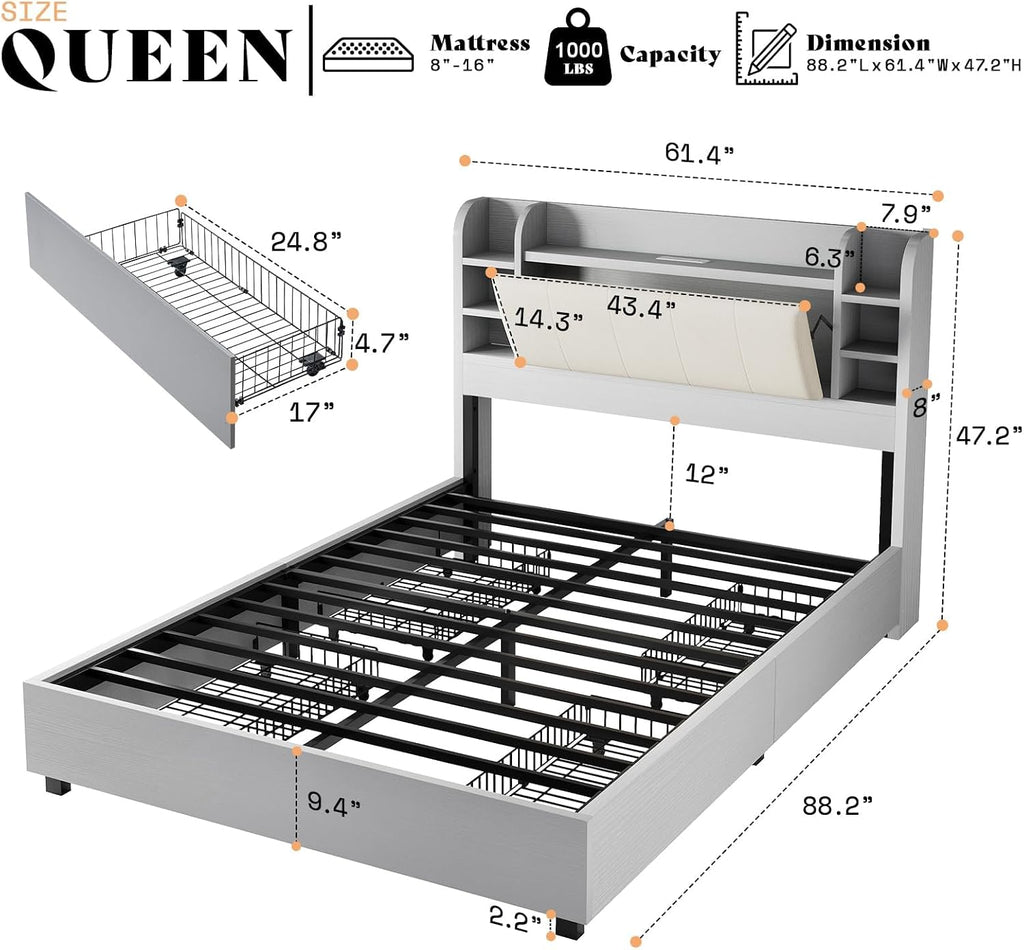 AMERLIFE Queen Size Bed Frame with Bookcase Headboard, Hidden Storage and 4 Drawers, Upholstered Cushion Backrest, Wooden Platform Bed with Charging Station, Heavy Duty Metal Frame, Light Grey