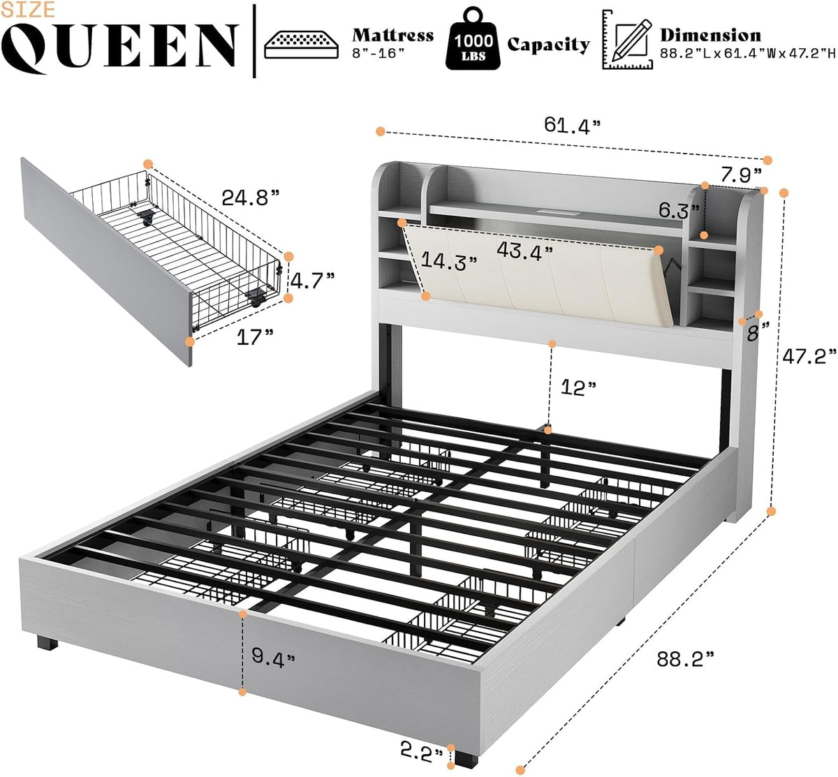 AMERLIFE Queen Size Bed Frame with Bookcase Headboard, Hidden Storage and 4 Drawers, Upholstered Cushion Backrest, Wooden Platform Bed with Charging Station, Heavy Duty Metal Frame, Light Grey