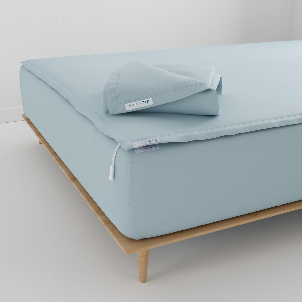 QuickZip Fitted Plus Spare Bundle: 1 Fitted Sheet (Base + Zip Sheet) & 1 Zip Sheet - Easy to Change, Won't Pop Off - Soft Sateen 400 TC 100% Cotton - 16' Deep Pockets Queen Size – Dusty Blue