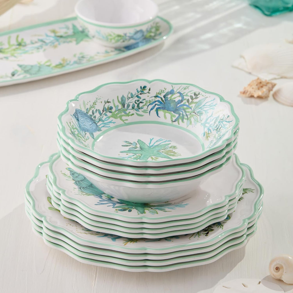 Sea Glass 12 Pc. MELAMINE DINNERWARE SET, SERVICEfor 4, coastal mix‑and‑match plates and bowls with ocean motifs, ideal for indoor outdoor dining, beach homes, patios, poolside meals