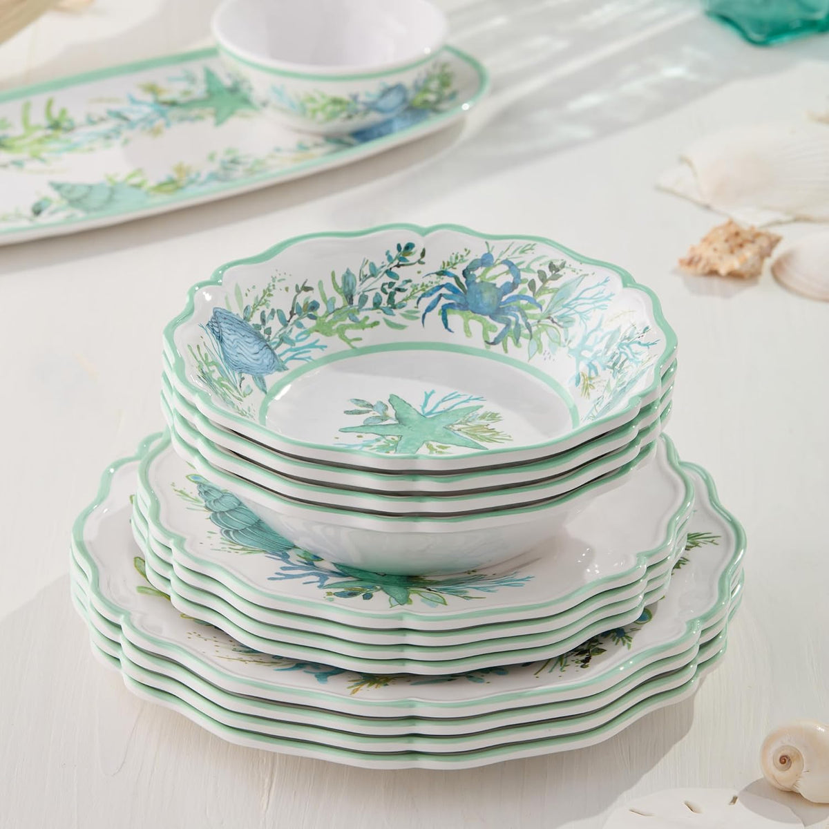 Sea Glass 12 Pc. MELAMINE DINNERWARE SET, SERVICEfor 4, coastal mix‑and‑match plates and bowls with ocean motifs, ideal for indoor outdoor dining, beach homes, patios, poolside meals