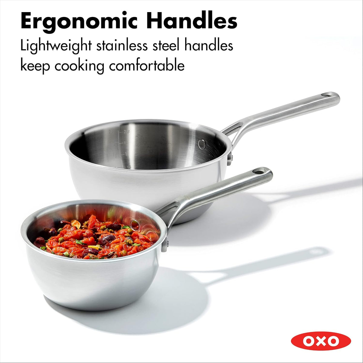 OXO Mira Tri-Ply Stainless Steel, 1.5QT and 3.57QT Chef's Pan Set with Lids, PFAS-Free, Multi Clad, Induction, Dishwasher Safe, Oven Safe, Silver