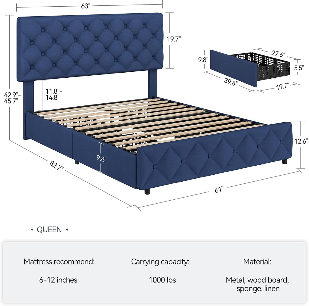 GarveeHome Queen Size Bed Frame with 4 Storage Drawers and Adjustable Headboard, Linen Upholstered Platform Beds, Diamond Stitched Button Tufted, No Box Spring Needed, Blue