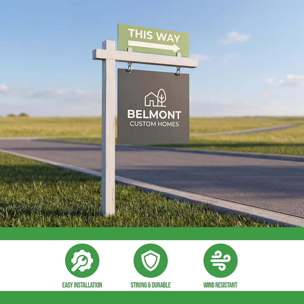 Custom Real Estate Sign Post By BCB Print – Yard Sign Holder with Hanging Panel and Stake | Outdoor Sign Post for Business Sale, Advertising and Open House Signs | Made in USA.