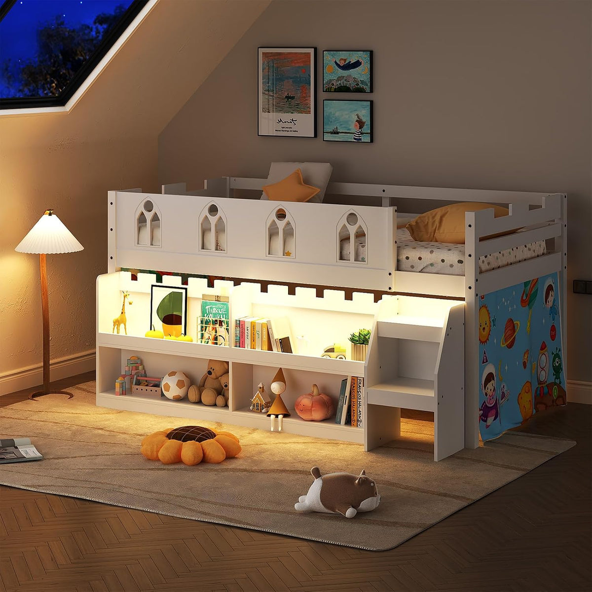 JOYMOR Low Loft Bed with LED Lights, Twin Loft Bed with Stairs, Safety Guardrail, Curtain, Wooden Bed Frame for Kids with Storage Bookcase and Under-Bed Play Space (White)