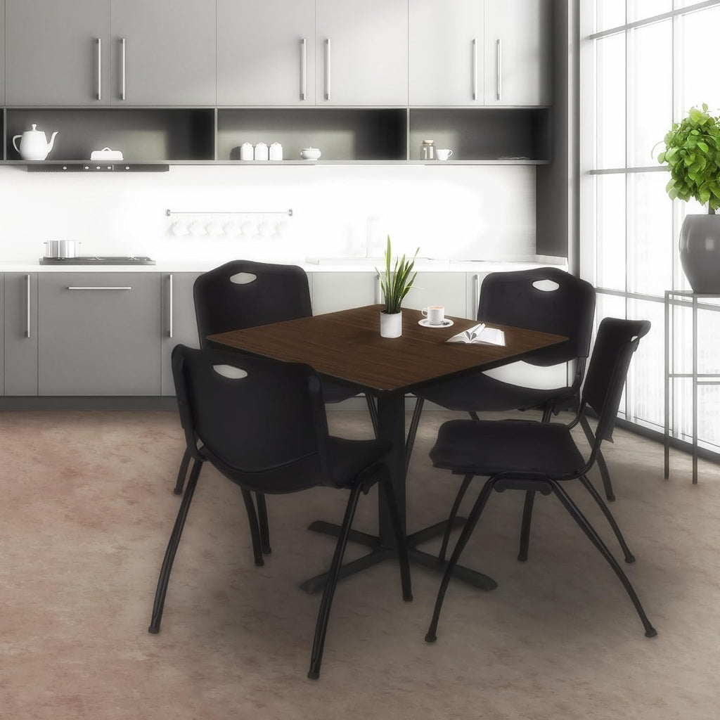 Regency Cain 42 in. Square Breakroom Table- Neo Walnut & 4 M Stack Chairs- Black