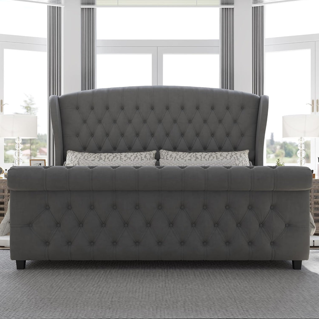 AMERLIFE King Size Platform Bed Frame, Velvet Upholstered Sleigh Bed with Scroll Wingback Headboard & Footboard/Button Tufted/No Box Spring Required/Grey