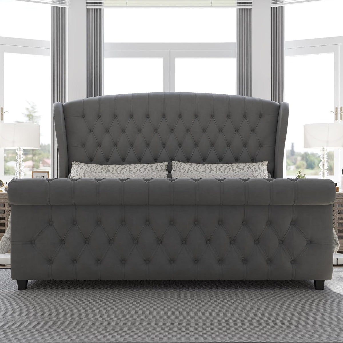 AMERLIFE King Size Platform Bed Frame, Velvet Upholstered Sleigh Bed with Scroll Wingback Headboard & Footboard/Button Tufted/No Box Spring Required/Grey