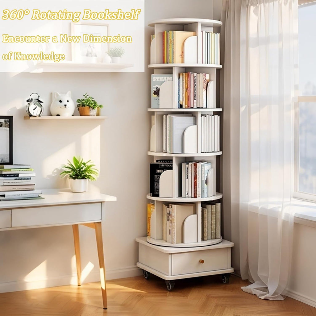 KEIKI 6-Tier Rotating Tower Spinning Bookshelf with 360°Swivel Wheels & Square Storage Drawer Base,Narrow Rolling Bookcase for Small Space,Corner,Bedroom,Office,White