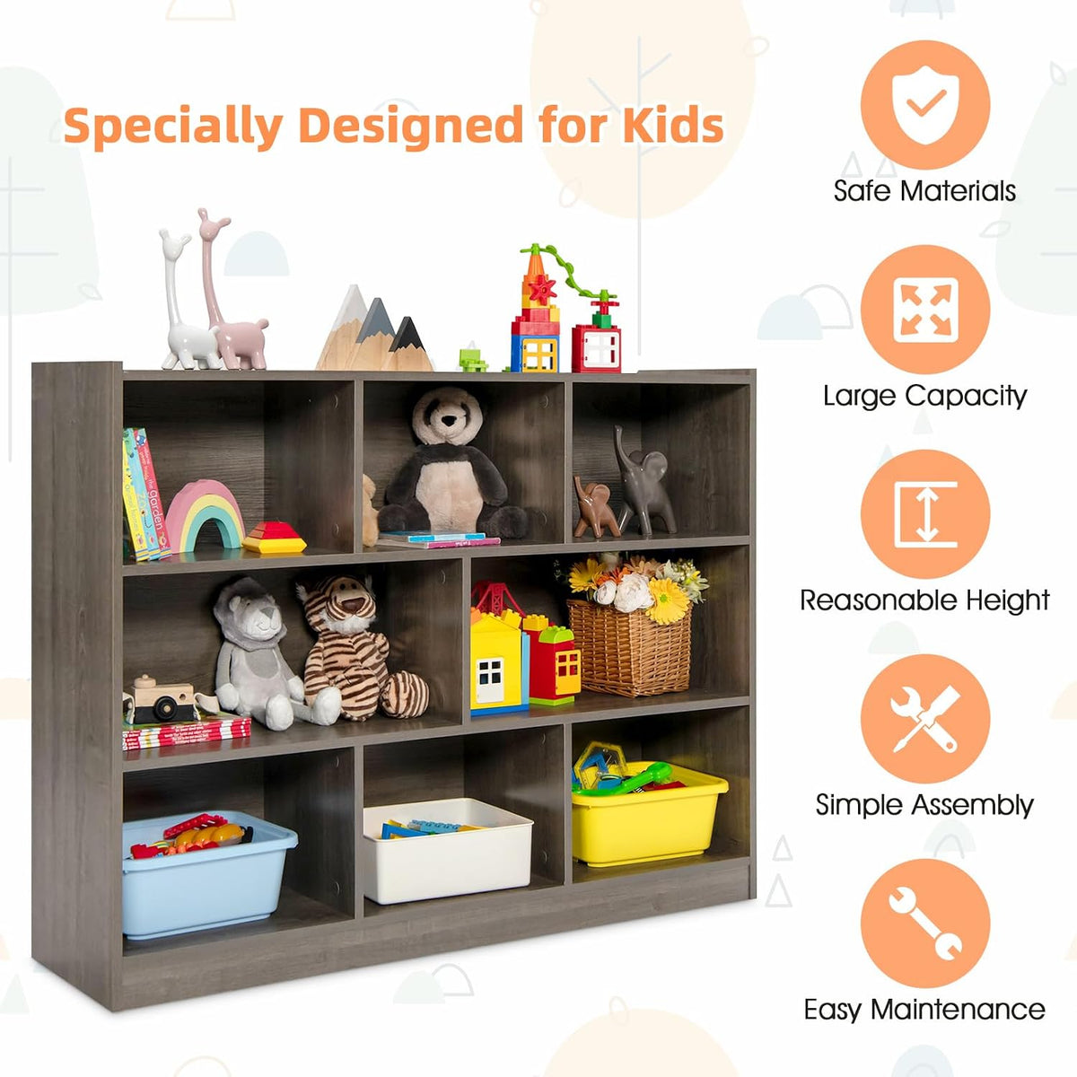 Costzon 3-Shelf Bookcase for Kids, Wooden Toy Storage Organizer for Books Toys, 8-Section Freestanding Classroom Daycare Montessori Bookshelf for Preschool, Home Playroom & Kindergarten (Grey)