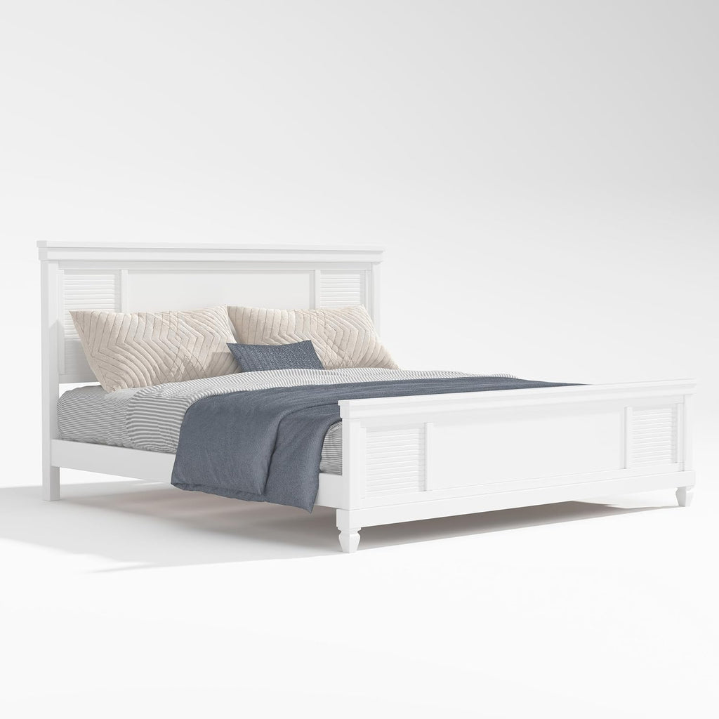 Merax Queen Size Bed Frame with Wood Headboard, Farmhouse White Platform Bed Frame with Sturdy Wooden Support Slats, No Box Spring Needed, Holds up to 800 Pounds, Noise-Free, Easy Assembly