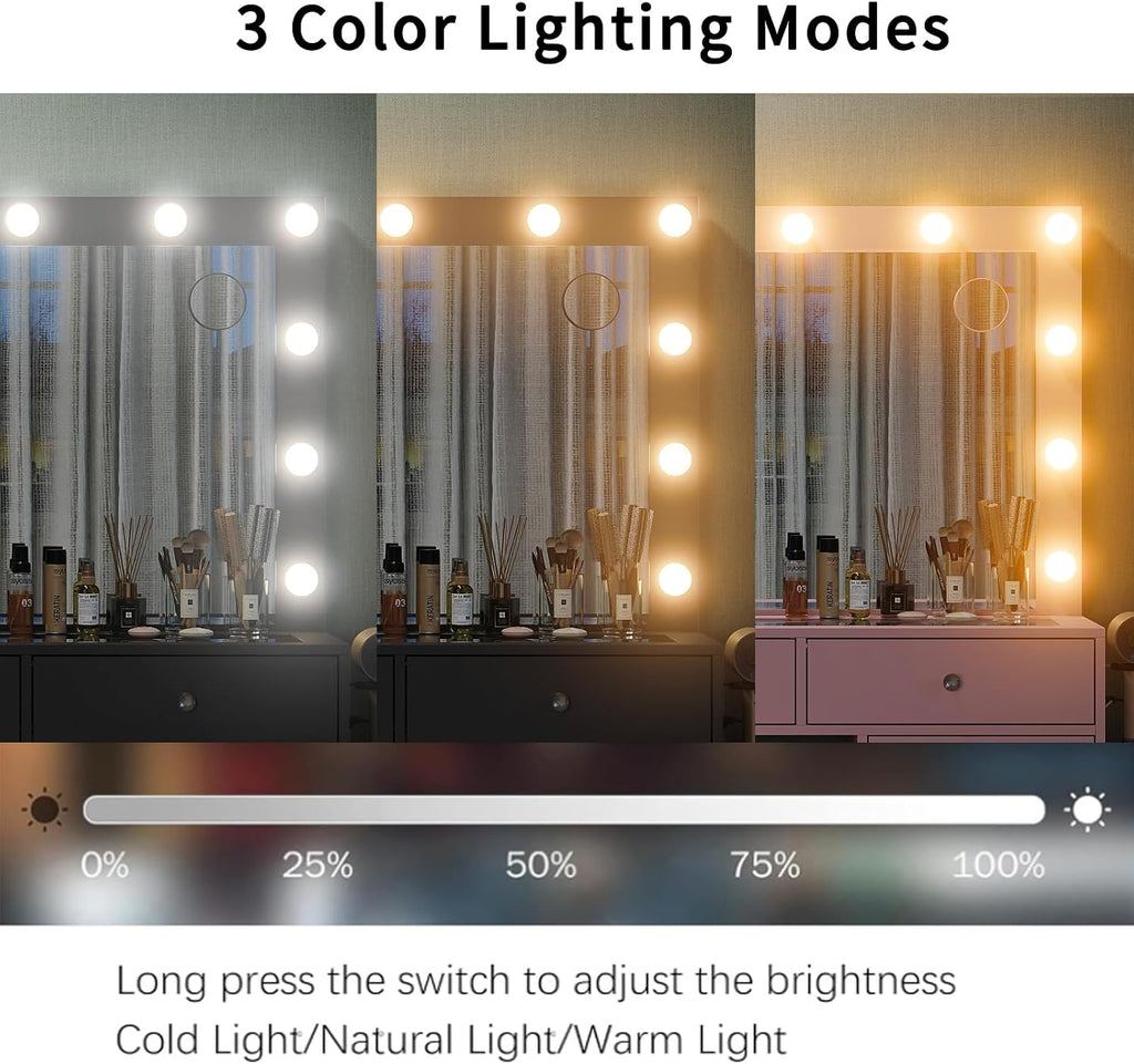 Yanosaku 11 Drawers Makeup Vanity with Charging Station, Vanity Desk with 13 LED Bulbs and HD Mirror, 3 Color Brightness Adjustable, Glass Top Vanity Set for Bedroom, Black