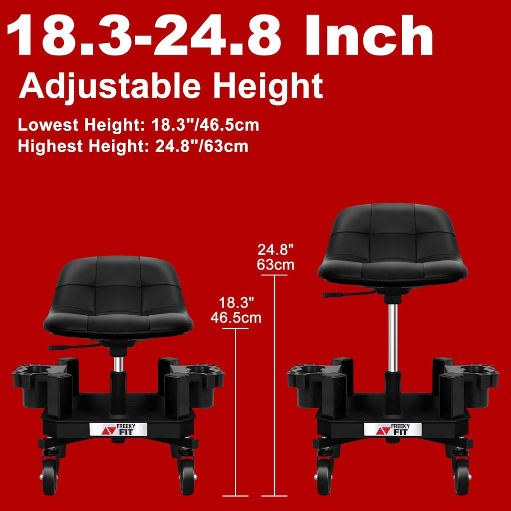 Rolling Stool with Wheels, Adjustable Shop Stool Mechanic Seat, Garage Shop Roller Work Chair, Mobile Rolling Seat with Tool Tray, 2 Cup Holders, 4' Casters, 350 LBS, Heavy-Duty, Black