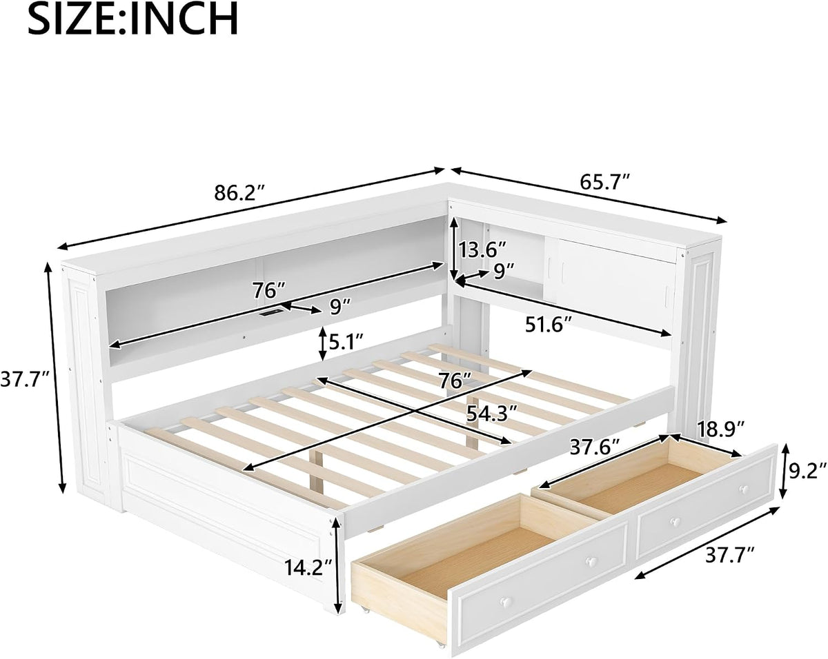 SOFTSEA Full Size Corner Bed with Drawers & Bookcase, L-Shaped Daybed with LED Lights & USB Ports, Wood Reversible Day Bed Frame with Storage Headboard for Kids Teens Bedroom, White