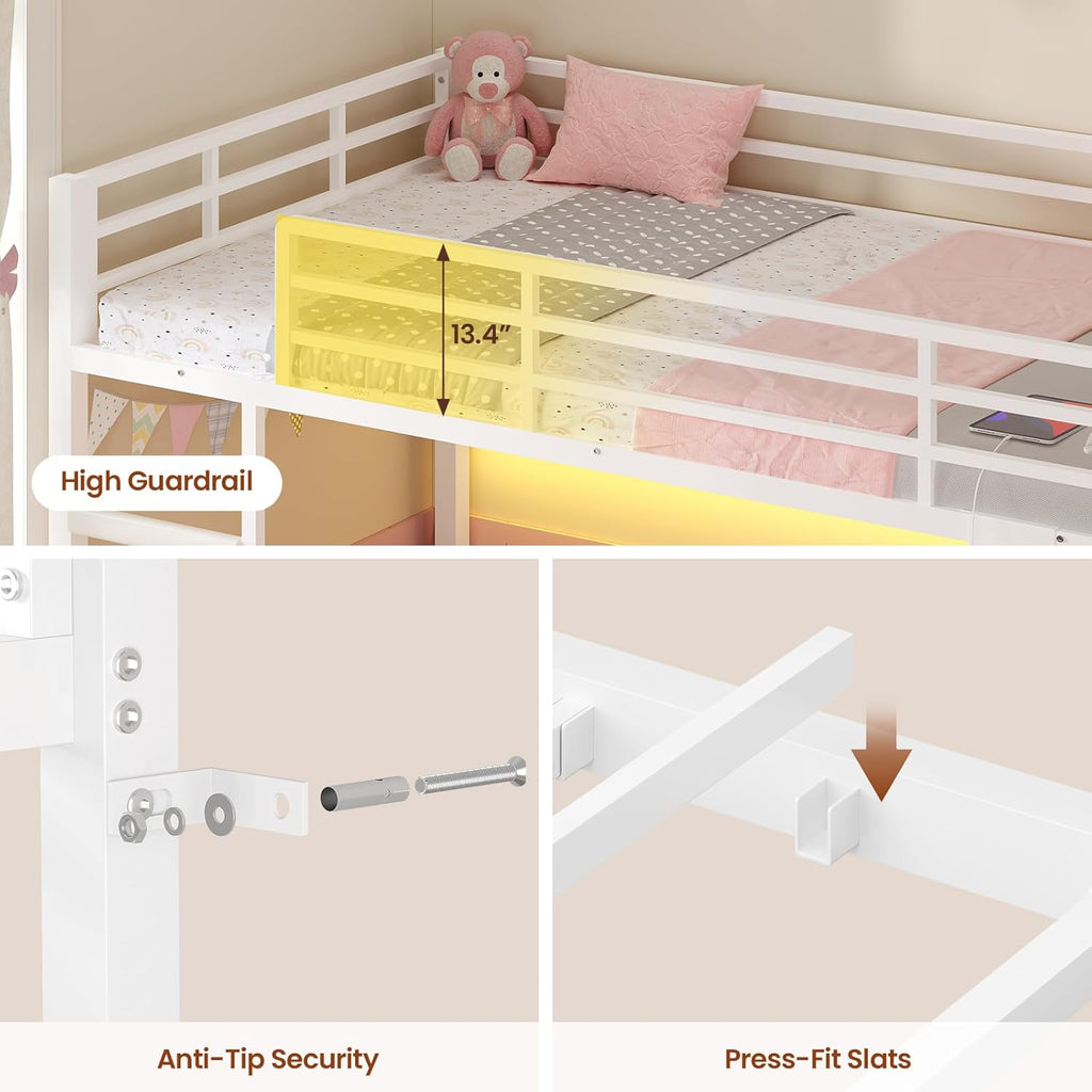 ADORNEVE Low Bunk Bed Twin Over Twin with Bookshelf, 4 Storage Drawers, Metal Kids Bunk Bed with Power Outlet & RGB Lights, Clothing Rack & Shelves, Safety Guardrail & Ladder, White