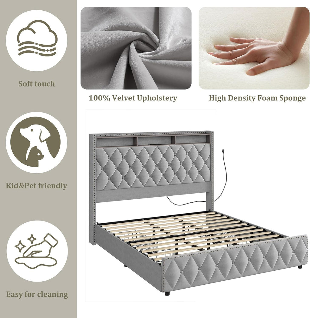 IDEALHOUSE King Size Bed Frame with 50.8' Tall Headboard and 4 Storage Drawers, Platform Velvet Upholstered Bed Frame with Charging Station, Led Lights, No Box Spring Needed, Easy Assembly, Grey