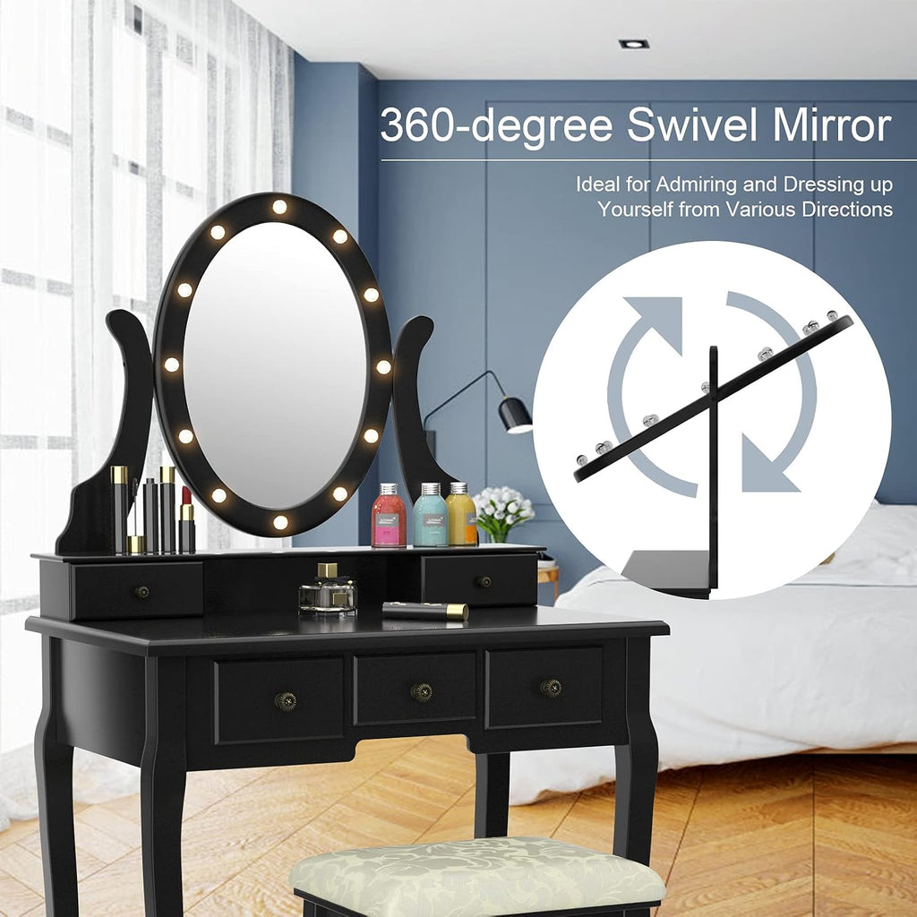 DORTALA Makeup Vanity Table Set, 5 Drawers Dressing Table w/ 360° Rotating Oval Mirror, Detachable Top, 12 LED Light Bulbs, Multifunctional Girl Dressing Table Set w/Vanity Padded Bench, Black