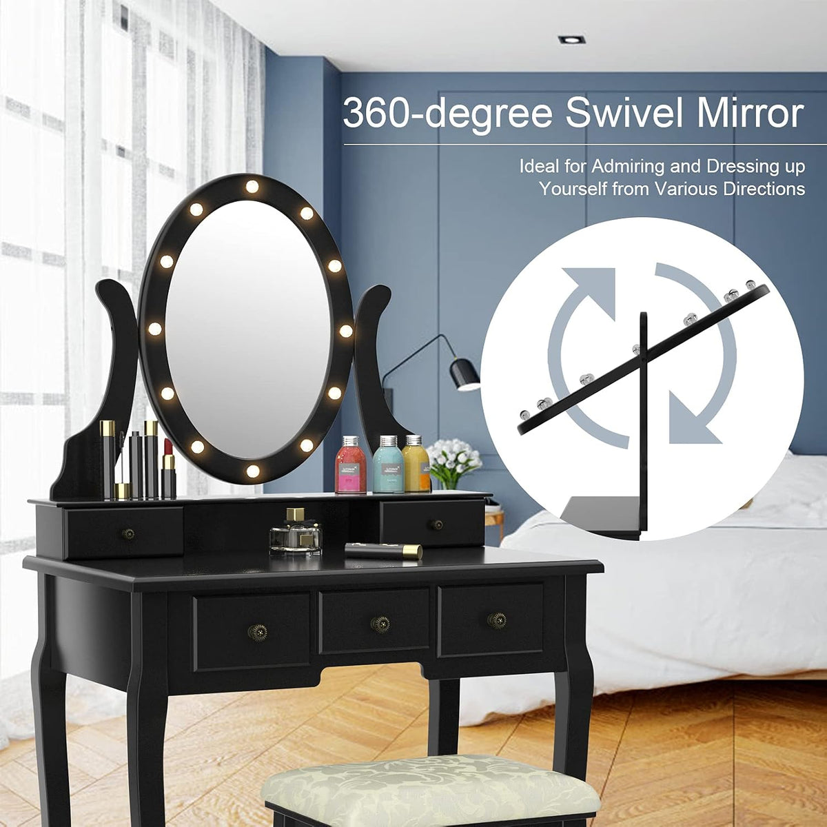 DORTALA Makeup Vanity Table Set, 5 Drawers Dressing Table w/ 360° Rotating Oval Mirror, Detachable Top, 12 LED Light Bulbs, Multifunctional Girl Dressing Table Set w/Vanity Padded Bench, Black