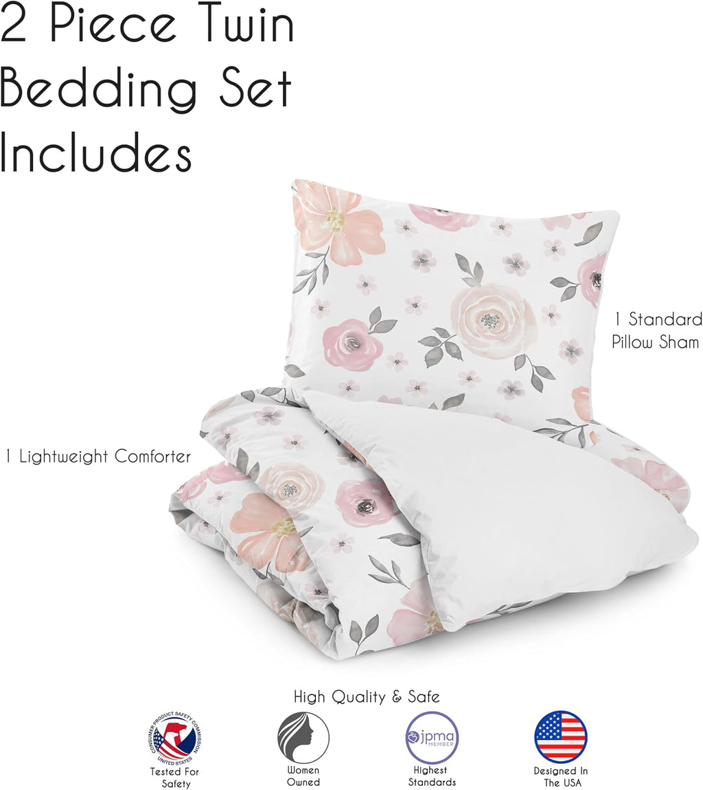 Sweet Jojo Designs 2-Piece Twin Comforter Set (Pink/Grey Boho Floral) for Girls, Kids, Teen, College Bed Room incl. Single Size Bedding & Sham (Watercolor, Flower, Elegant Rose, Farmhouse, Blush Gray)