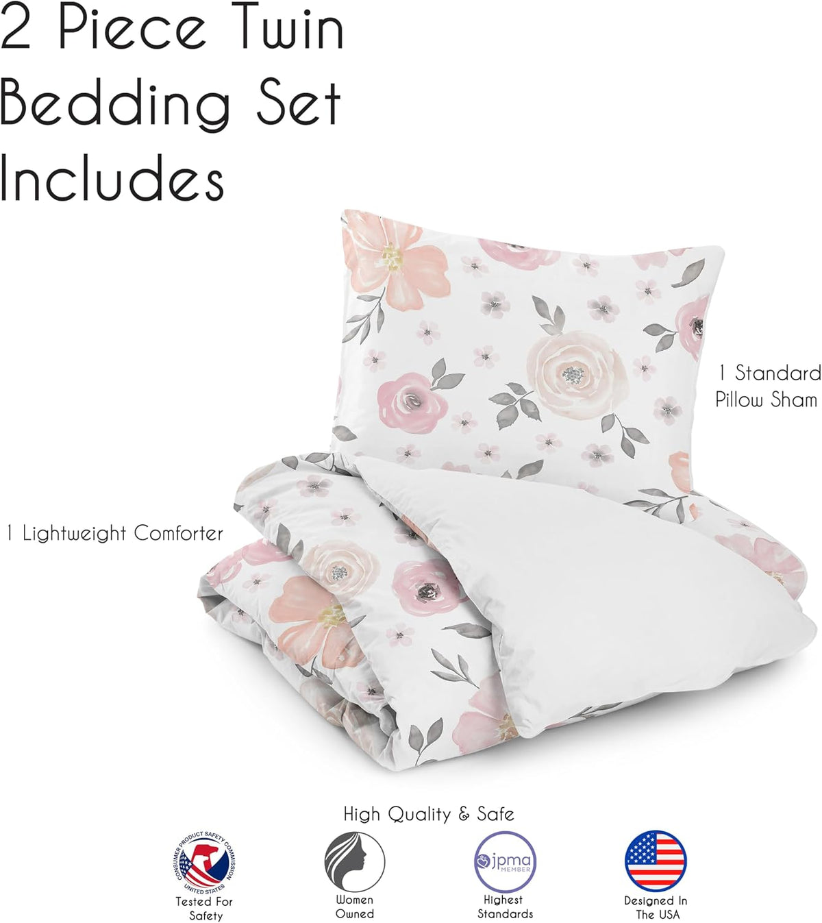Sweet Jojo Designs 2-Piece Twin Comforter Set (Pink/Grey Boho Floral) for Girls, Kids, Teen, College Bed Room incl. Single Size Bedding & Sham (Watercolor, Flower, Elegant Rose, Farmhouse, Blush Gray)