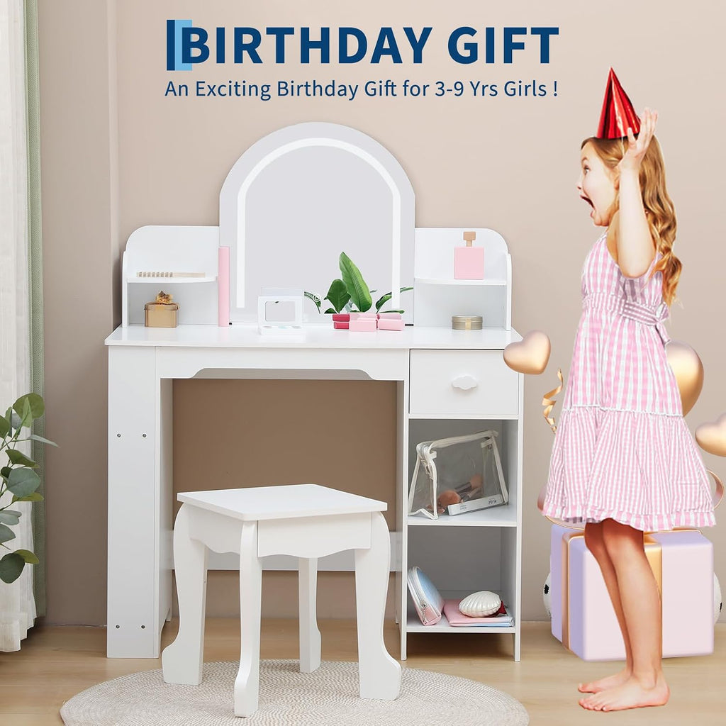 Garvee Kids Vanity with Lighted Mirror & Stool, Little Girls Vanity and Wooden Makeup Playset with Adjustable LED Light, Bookshelf, Storage Drawer & Shelves for Girls 3-9, White