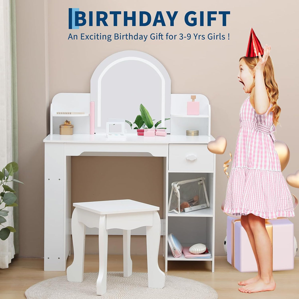Garvee Kids Vanity with Lighted Mirror & Stool, Little Girls Vanity and Wooden Makeup Playset with Adjustable LED Light, Bookshelf, Storage Drawer & Shelves for Girls 3-9, White