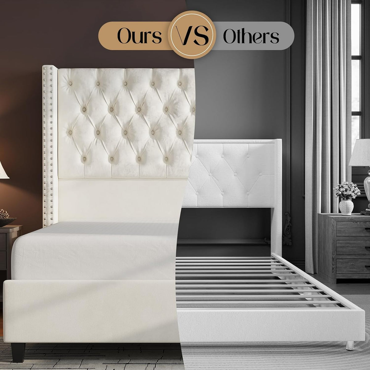 Jocisland Queen Size Bed Frame with 51.6' Wingback Tufted Velvet Headboard, Modern Upholstered Platform Bed, No Box Spring Needed, Easy Assembly, Cream