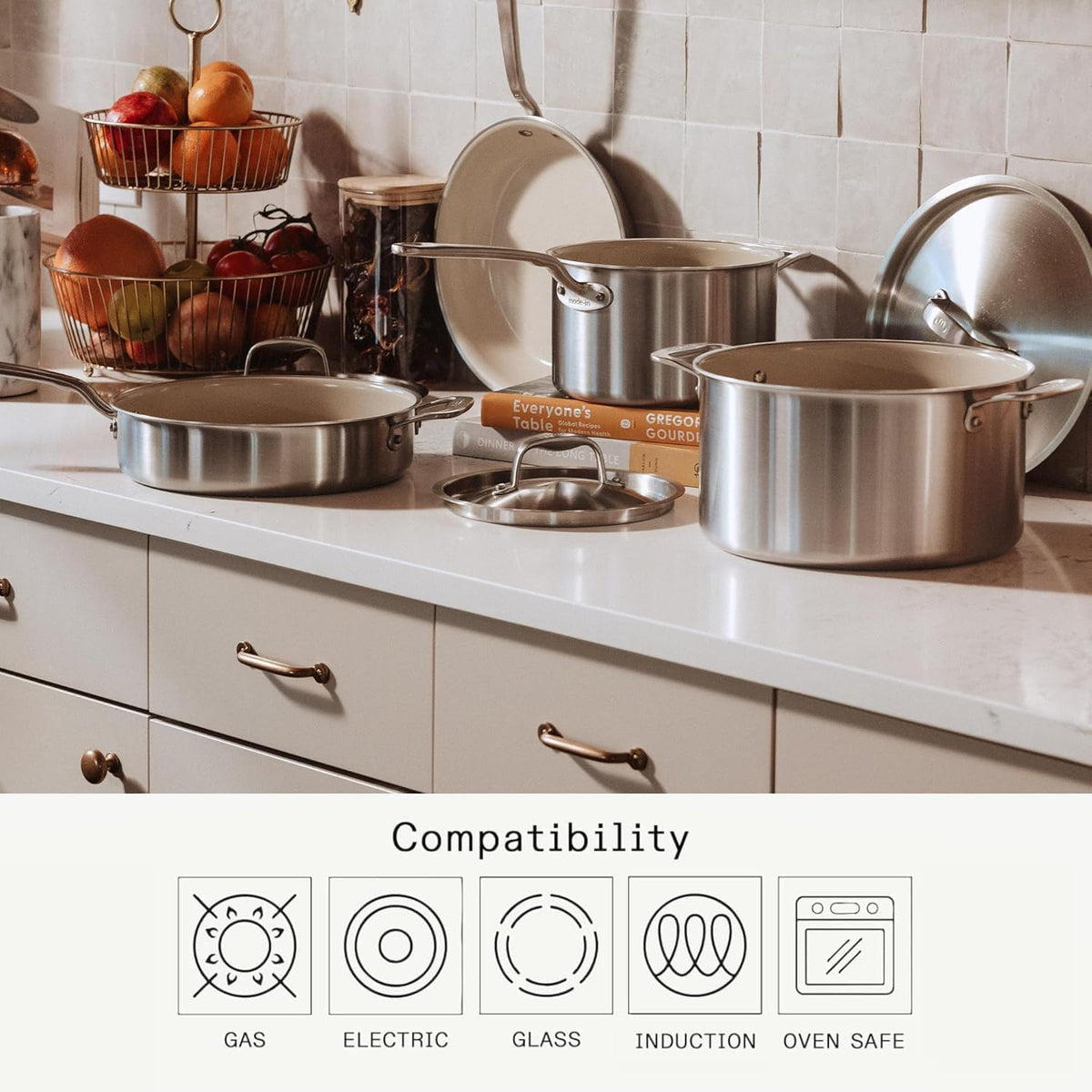 Made In Cookware | 3 QT Ceramic Non Stick Saucier with Lid | 5-Ply Stainless Clad with Stay-Cool Handle | Professional Cookware | Crafted in Italy | Induction Compatible