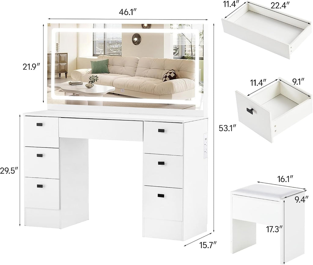 TUKAILAi 46.1' Large Vanity Desk with Mirror and LED Lights,7 Drawers & Power Outlet, White Modern Makeup Vanity Desk with PU Cushion Stool, Touch Control 3 Color Modes Dressing Table Set for Bedroom