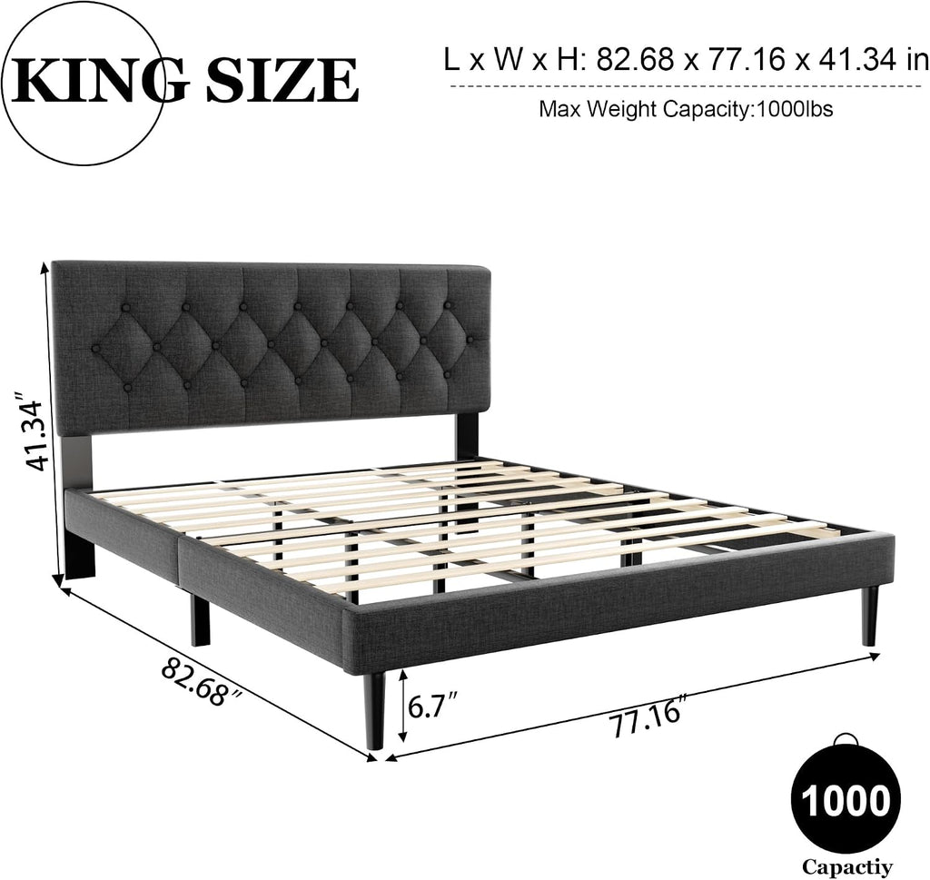 HAOARA King Size Platform Bed Frame with Upholstered Button Tufted Headboard, Mattress Foundation with Wooden Slat Support, Noise Free, No Box Spring Needed, Easy Assembly, Dark Grey