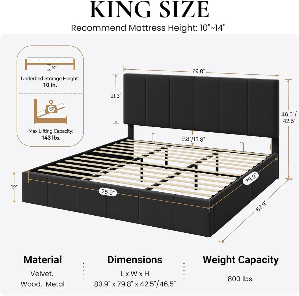 SHA CERLIN King Size Lift Up Storage Bed Frame, Adjustable Headboard, Hydraulic Support, Velvet Upholstered, Easy Installation, No Box Spring Needed, Black