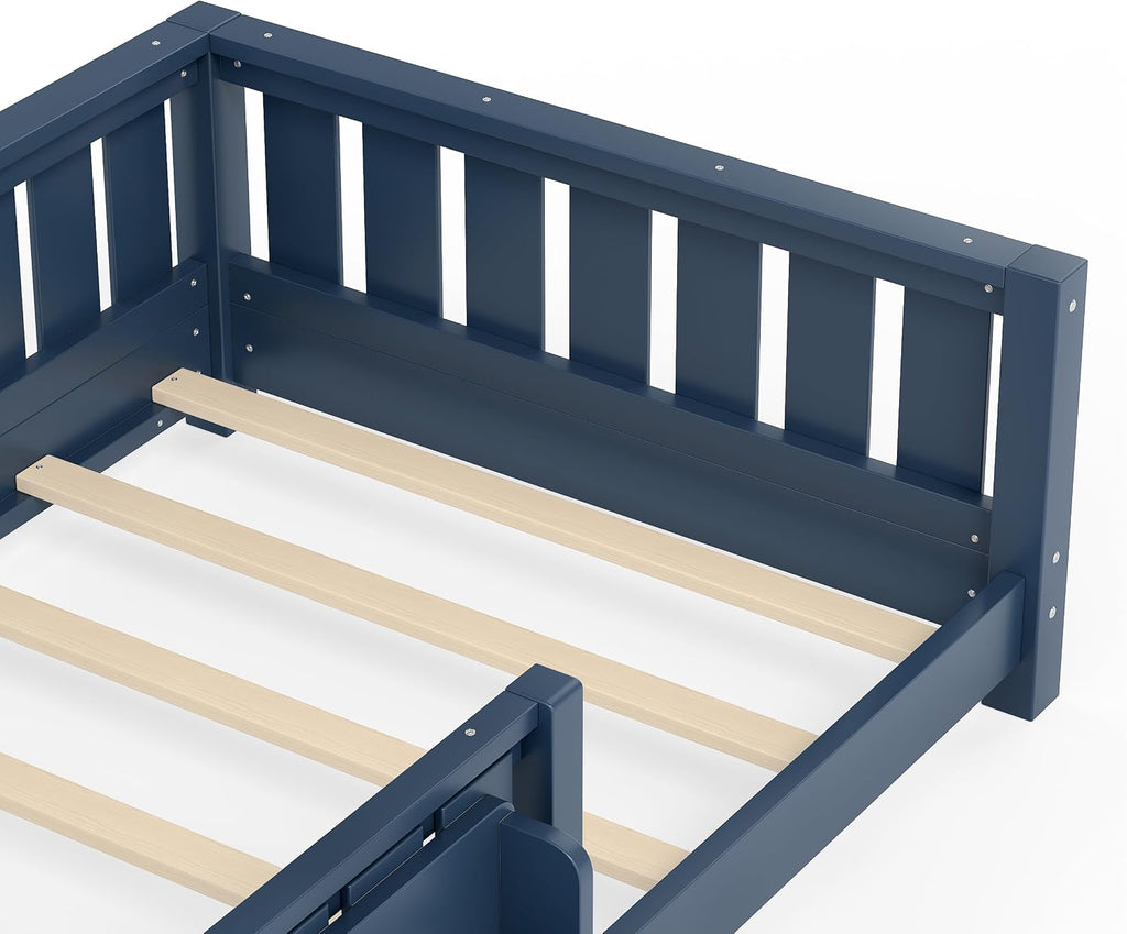 Bellemave Twin Floor Bed with Rails and Slats, Twin Size Montessori Floor Bed with Bookshelf and Fence, Easy Assemble Montessori Beds Frame for Girls, Boys, Blue