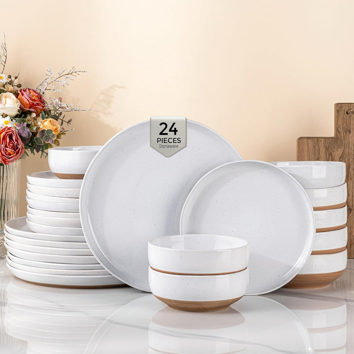 AmorArc Ceramic Dinnerware Sets for 8, 24 Pieces Handpainted Plates and Bowls Set with Rustic Terracotta Underside, Scratch Resistant Stoneware Dishes Set, Dishwasher & Microwave Safe, White